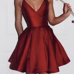 Red Satin Deep v-neck Homecoming Dress